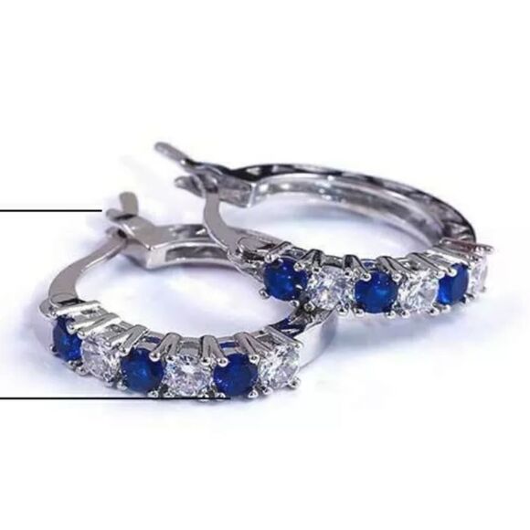 Beautiful Blue and White 2.20 Ct. Sapphire Hoop Earrings 14K White Gold on 925 - Picture 3 of 8